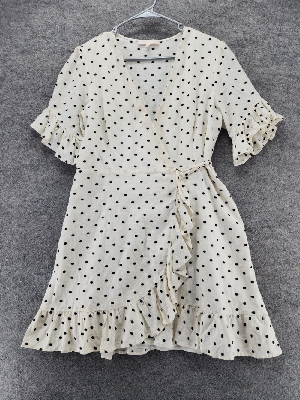 Wayf Dress Womens Large Wrap Short Sleeve Linen Polka Dot